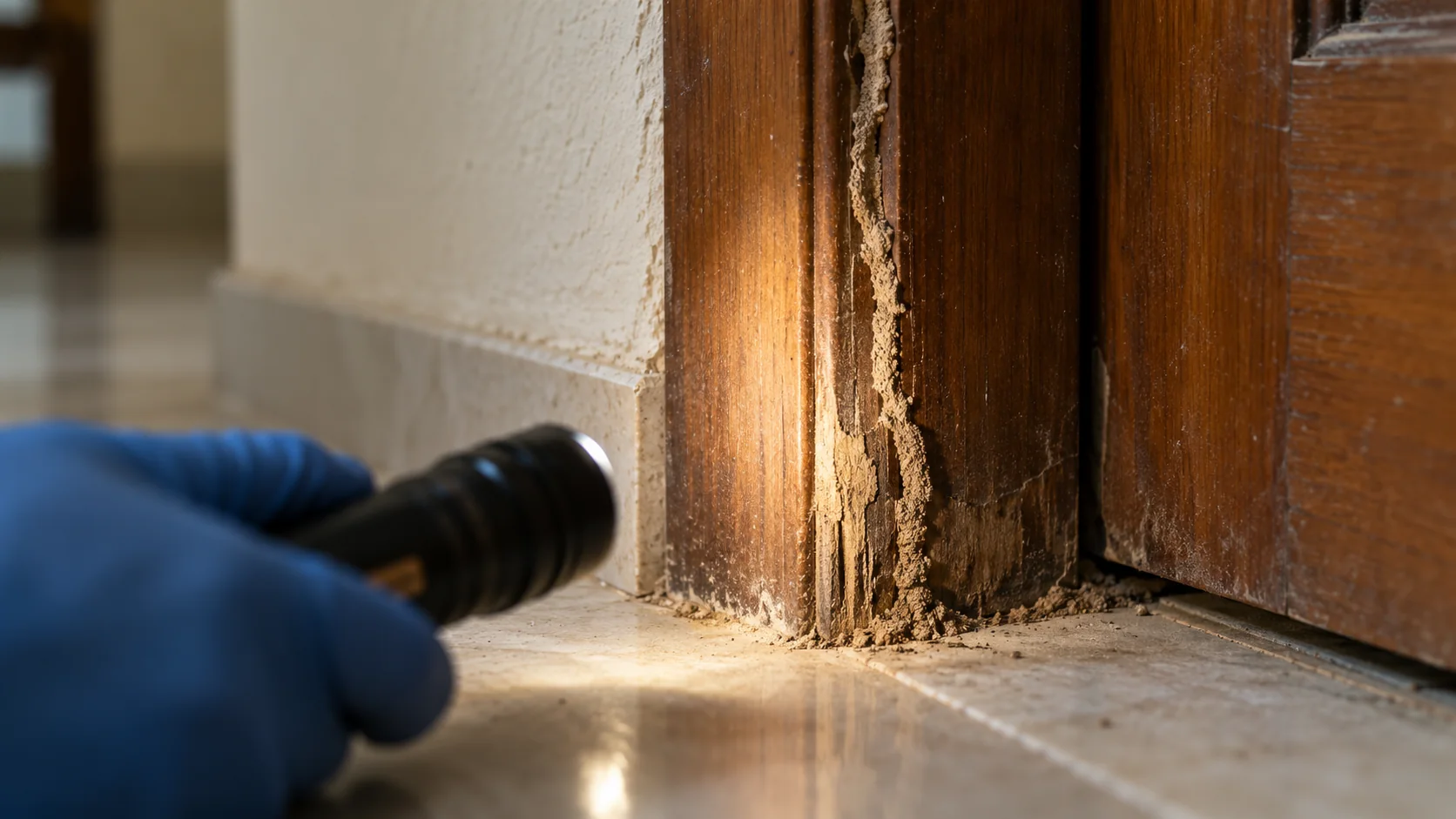 Illustrative close-up of a mud-coloured termite shelter tube on an accessible wooden door-frame base illuminated by an inspector's torch.