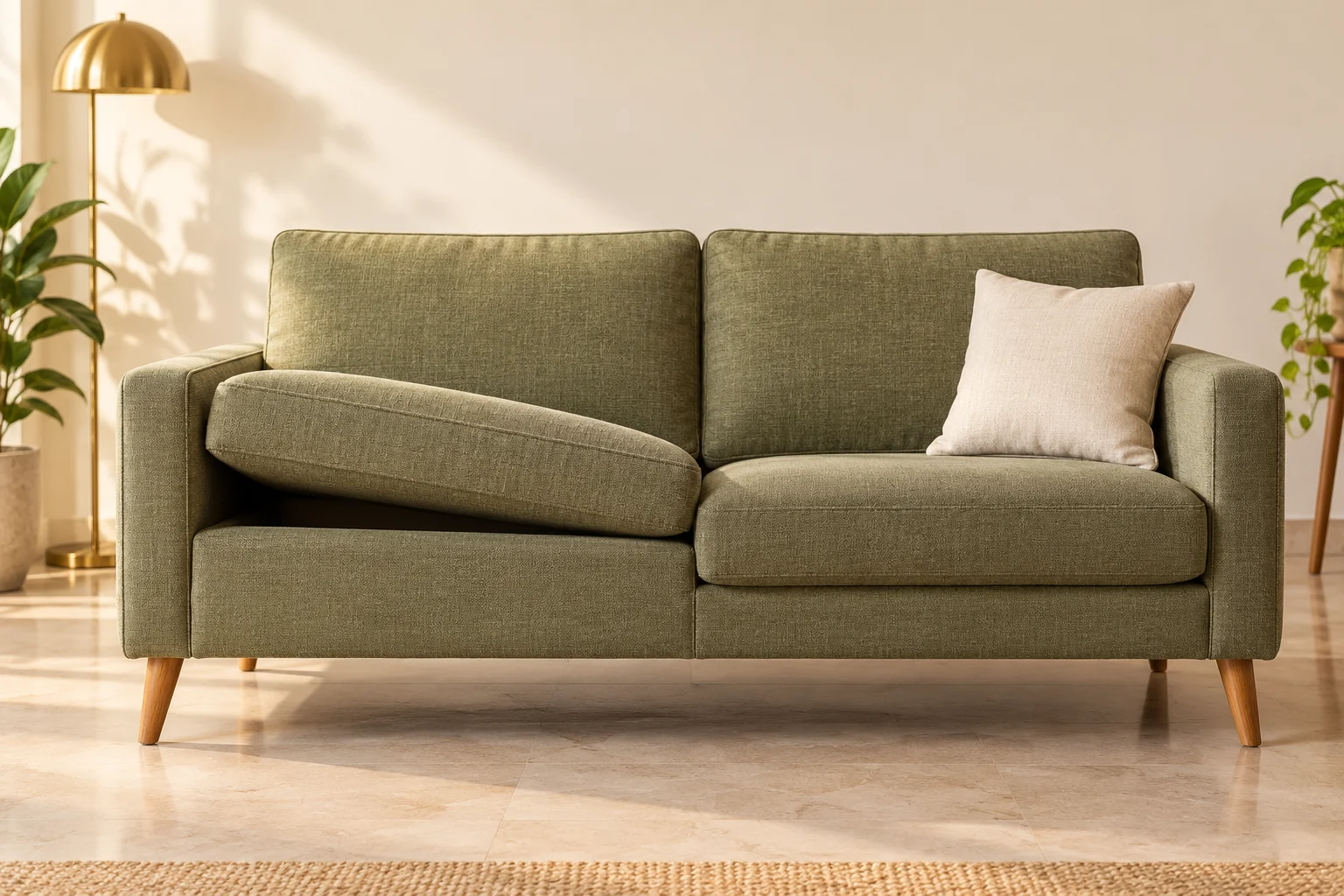 Sofa inspection guide showing cushion edges, cushion gaps and frame joints