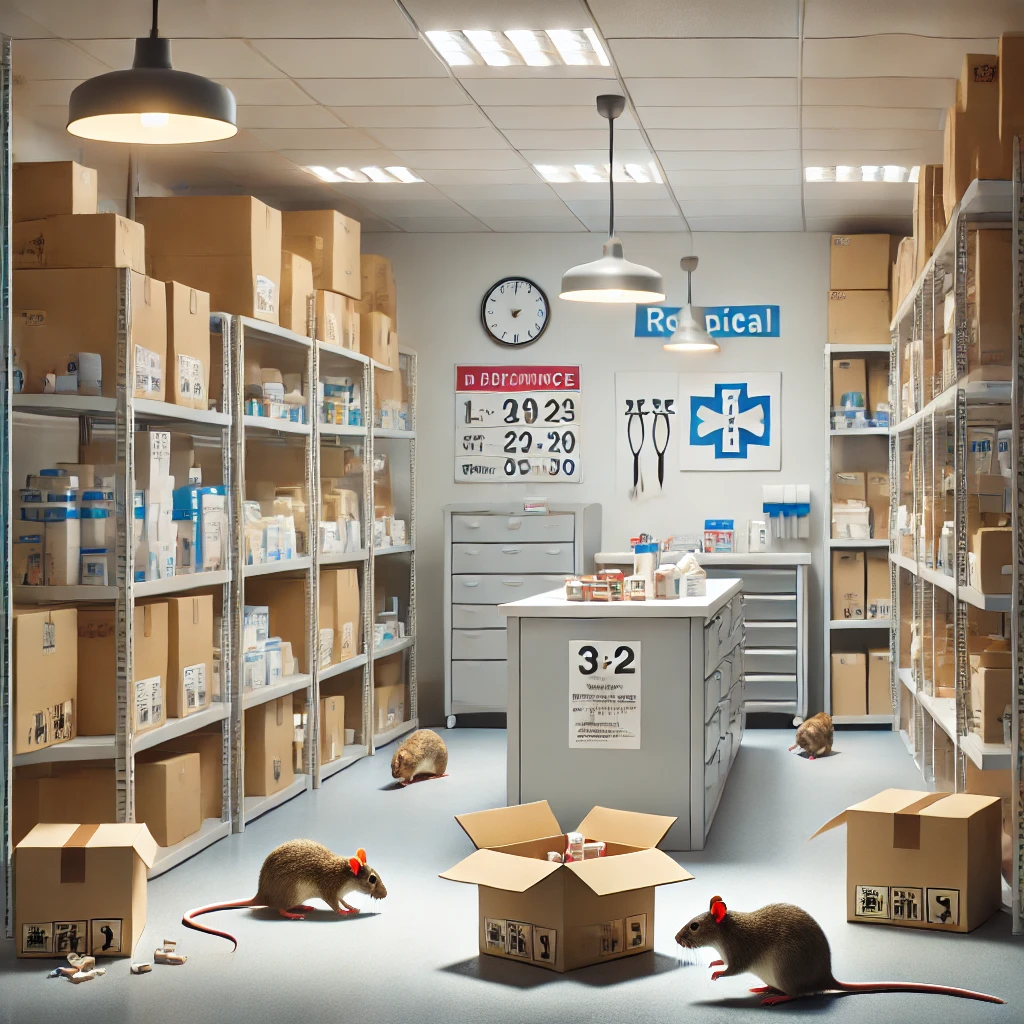 Dall·e 2025 01 10 12.26.09 A Realistic And Detailed Illustration Showing Rodents In A Storage Room In A Hospital. The Scene Features A Clean But Slightly Cluttered Storage Room