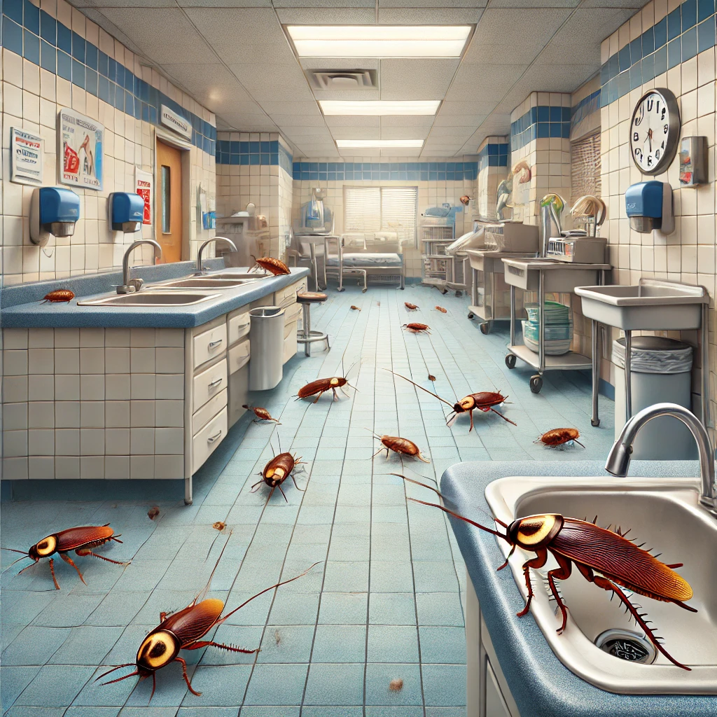 Dall·e 2025 01 10 12.37.48 A Detailed And Realistic Illustration Showing Cockroaches Infesting A Hospital Kitchen Area. The Scene Features A Clean But Slightly Damp Environment