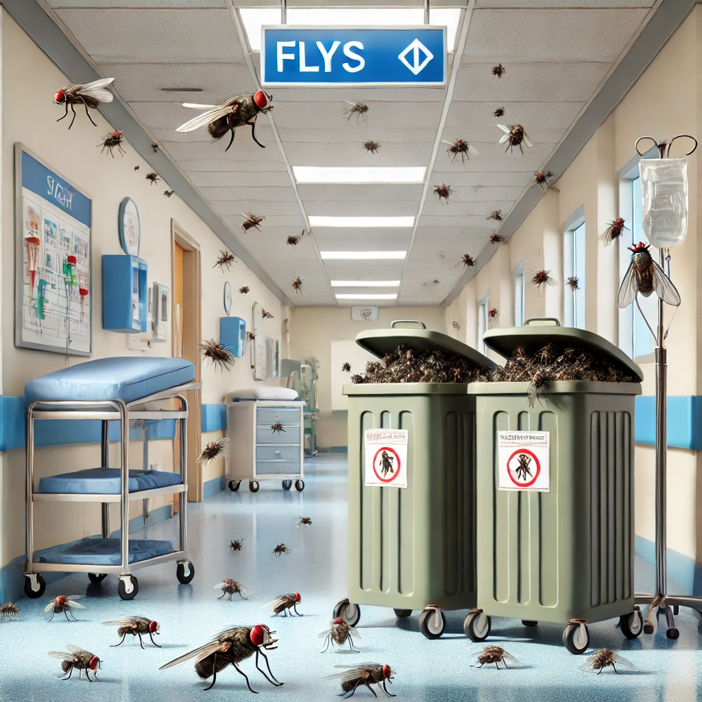 Dall·e 2025 01 10 15.47.46 A Realistic And Detailed Illustration Of Flies Infesting A Hospital Waste Disposal Area. The Scene Features Trash Bins And Waste Bags With Flies Buzzi