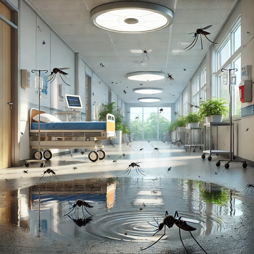 Dall·e 2025 01 10 15.55.53 A Highly Realistic And Professional Illustration Of Mosquitoes Infesting A Hospital Environment. The Scene Shows A Clean Hospital Hallway With Stagnan